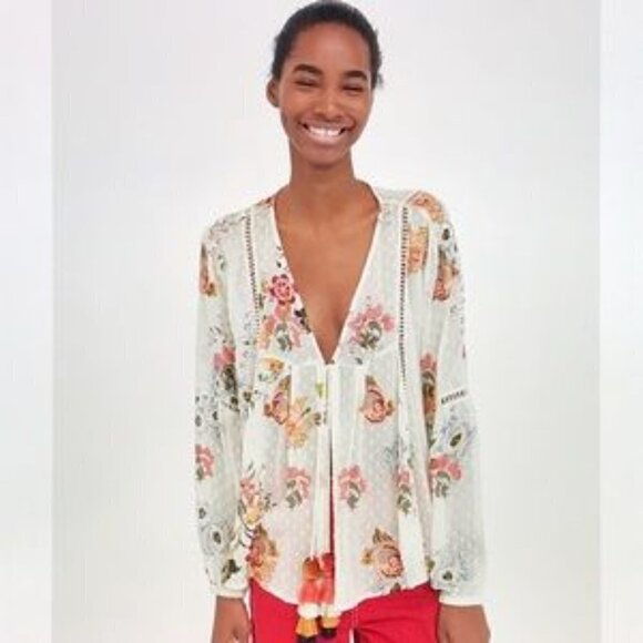 Zara Floral Embroidered Tie Front Sheer Blouse With Pom Pom Tassels Size Small - Picture 1 of 12